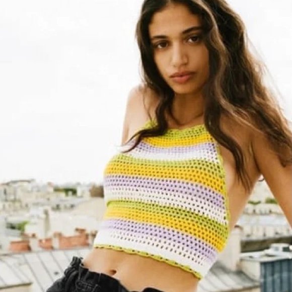 Brand New Multi-Coloured Striped ZARA CROCHETED HALTER TOP - Picture 4 of 13